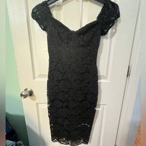Express Black Lace Midi Dress with Off-On Shoulder Sleeves cocktail prom elegant